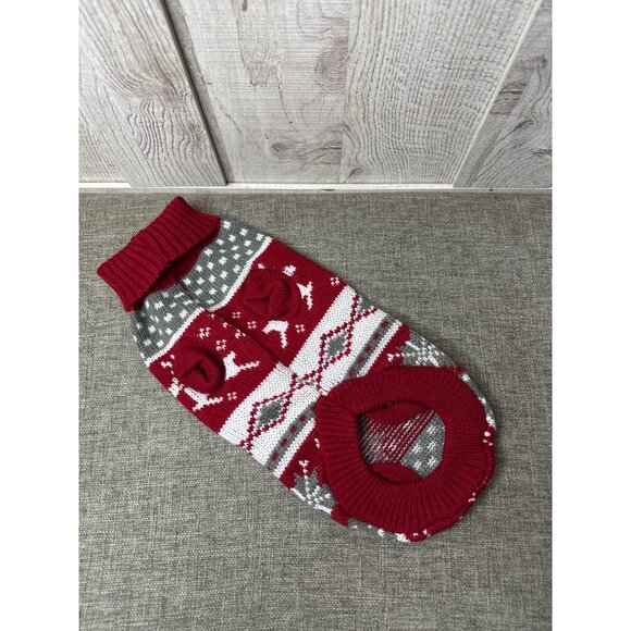 Christmas Dog Sweater Red & Gray Reindeer Pattern 12" Acrylic Knit Pet Winter - Picture 2 of 4